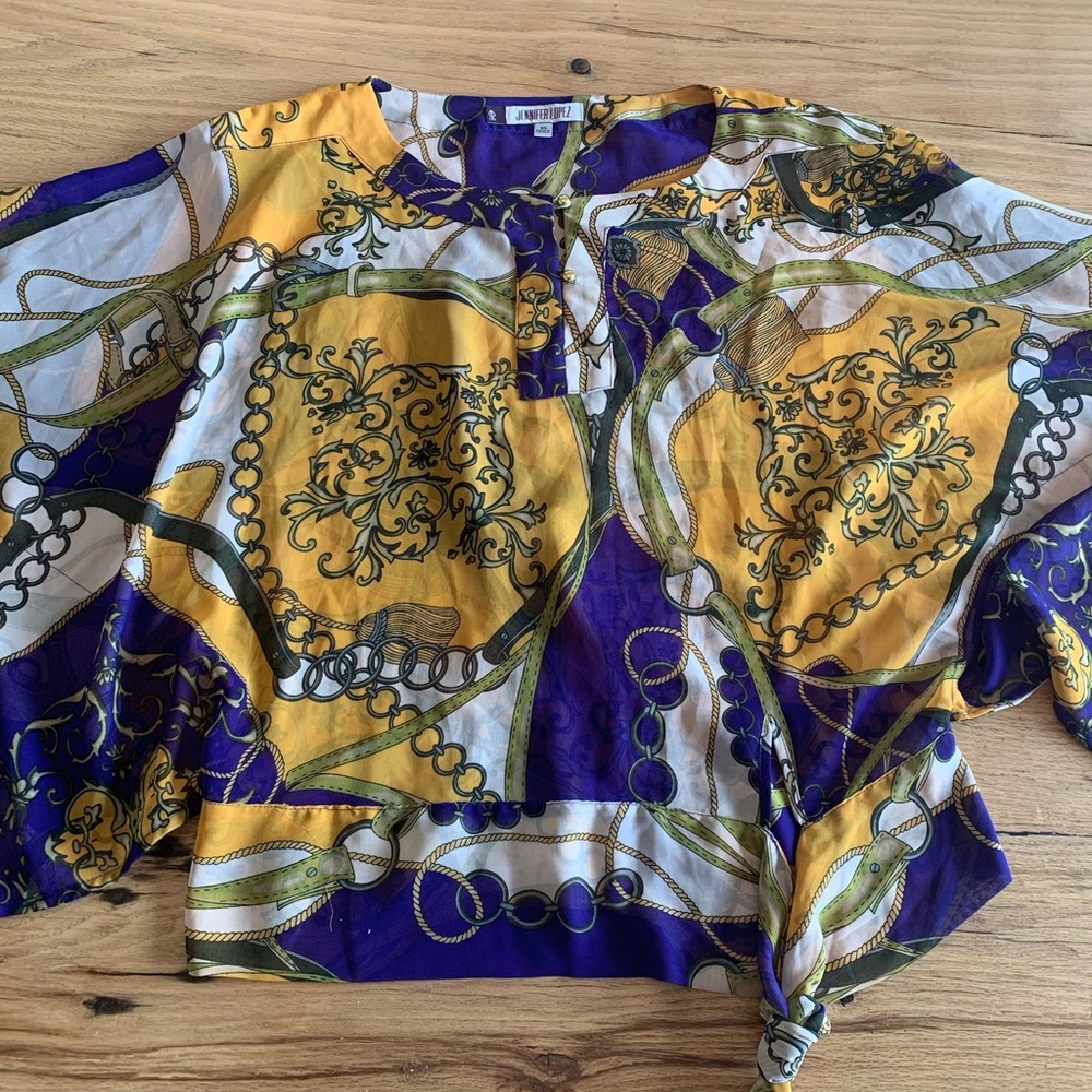 Jennifer Lopez Sheer Overlay Blouse Butterfly Sleeve Purple Yellow Women’s XS pr
